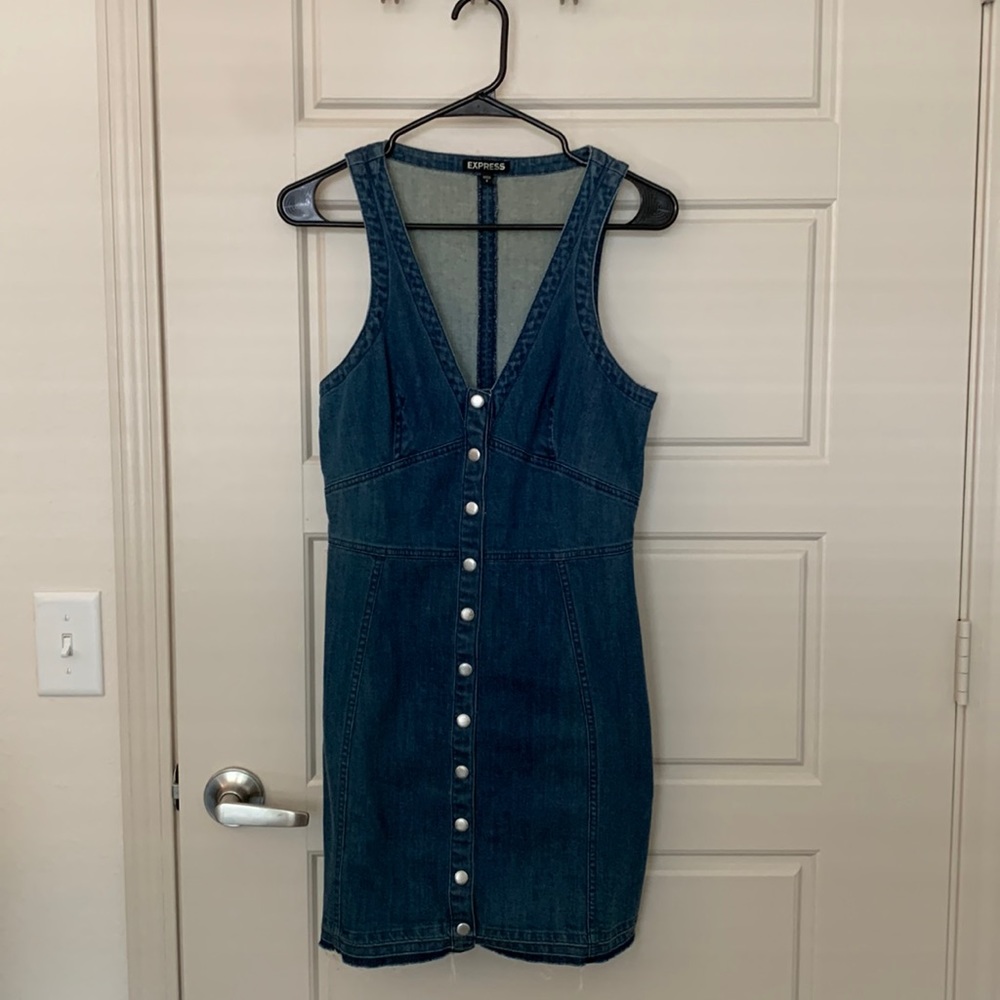 Express denim button up dress with a raw hem